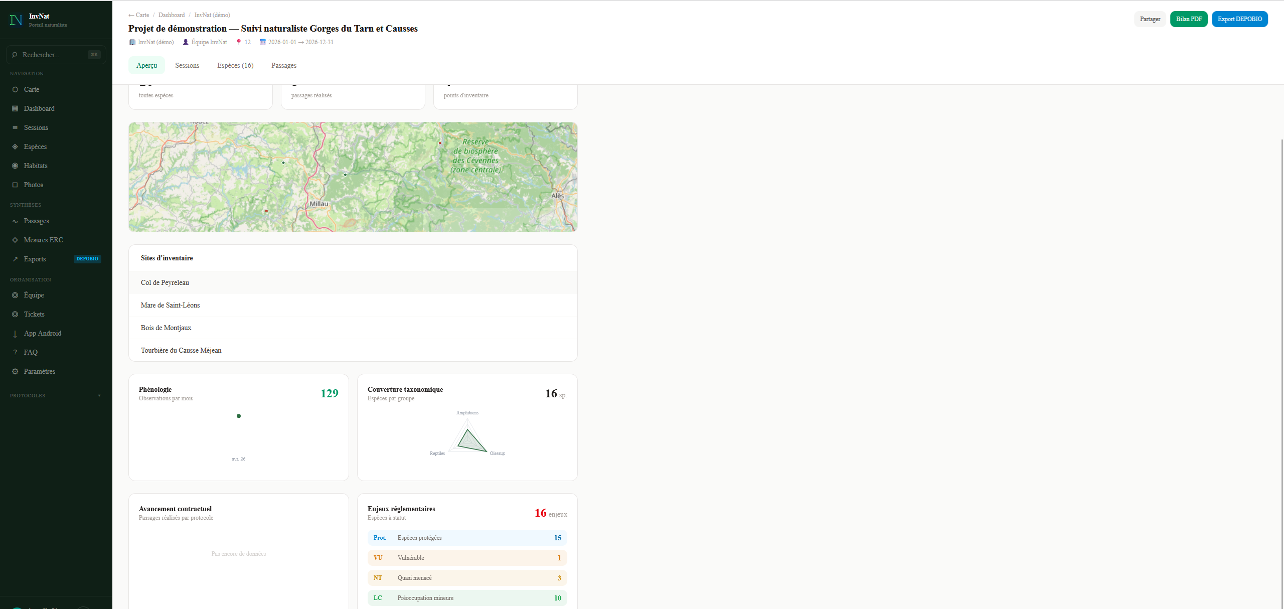 Portail InvNat — tableau de bord d'un projet avec carte, observations et statistiques